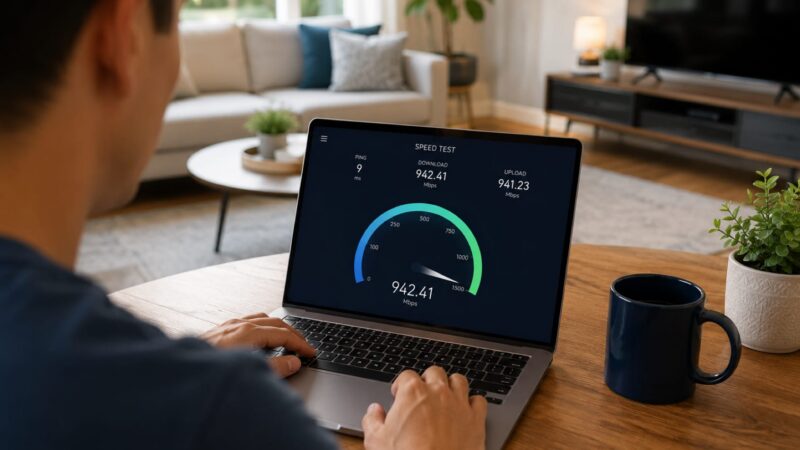 Realizando una prueba de velocidad de Internet en un portátil conectado a giggleWiFi