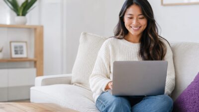 Happy customer browsing internet on a laptop with fast connection speeds