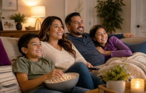 Family enjoying streaming TV without cable service.