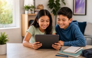 Niños pequeños que utilizan Internet de forma segura en una tableta.