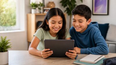 Young kids using the internet safely and securely on a tablet.