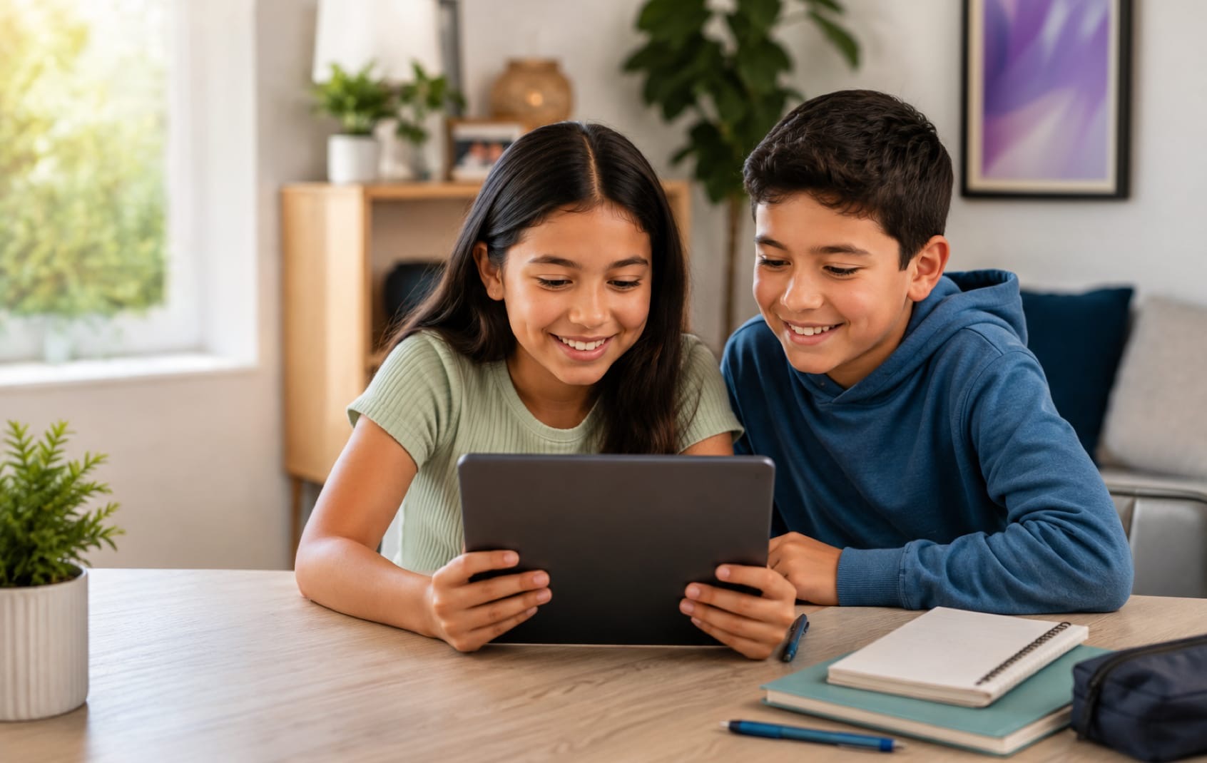 Young kids using the internet safely and securely on a tablet.